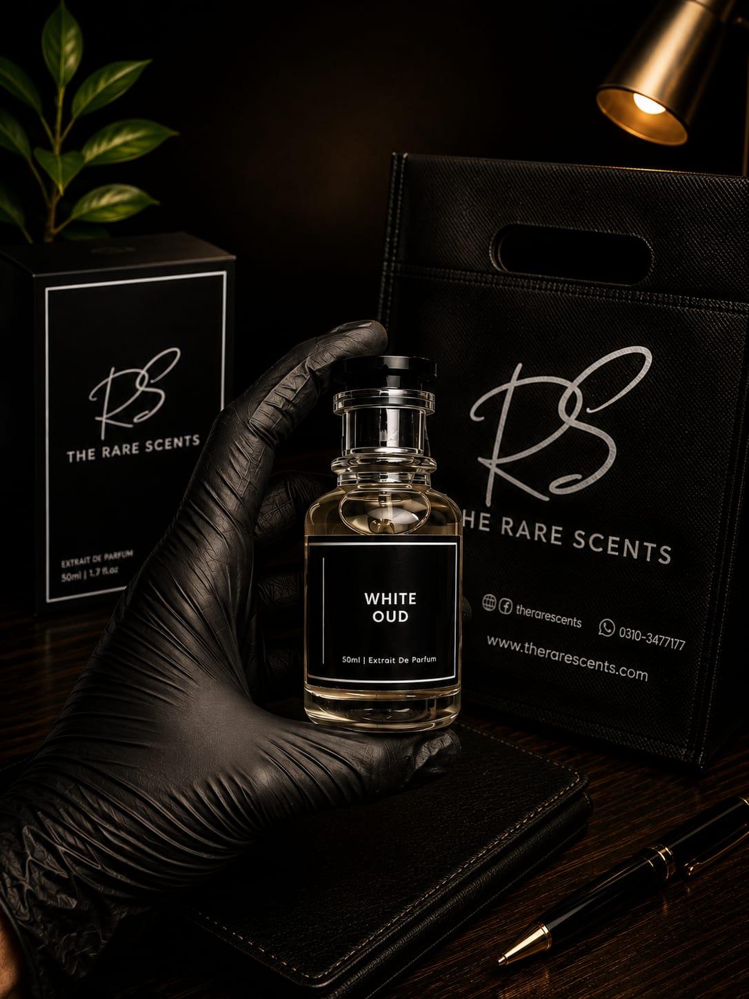 White Oud perfume bottle by The Rare Scents — original fragrance in Pakistan